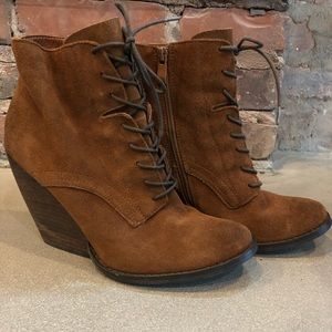 Cognac brown suede wedge heel booties